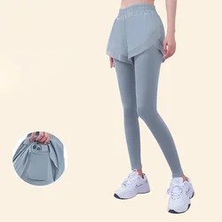 Pantalones de Yoga 2 en 1 para mujer, mallas de entrenamiento para Fitness, pantalones elásticos para correr, pantalones de nueve puntos de color sólido, pantalones deportivos de cintura alta a la cadera