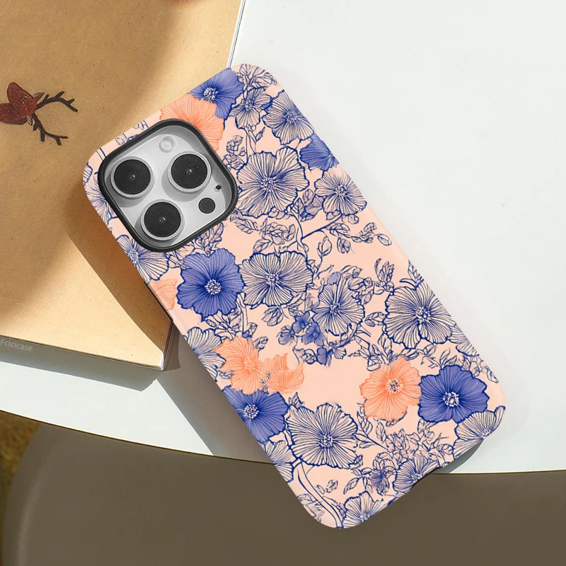 Fcicicase Luxus Magsafe Handyhülle für iPhone 16 Pro Max 15 Plus 14 13 12 11 Retro Blume Wireless Charging Dual Layer Cover