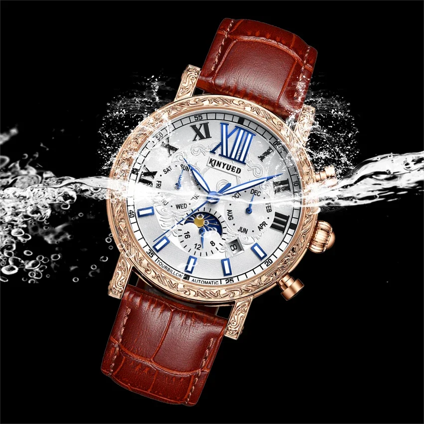 Kinyued Men\'s Luxury Watch Moon Phase Dial Leather Strap Automatic Mechanical Watches Waterproof Luminous Man Wristwatch