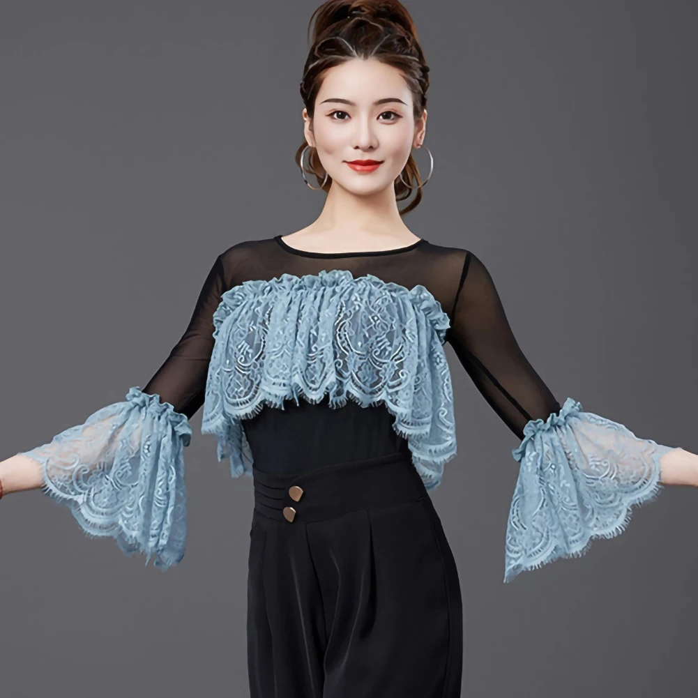 シャツダンス服 レディース トップス トランペットスリーブ グレーブルー ボールルームダンス 新スタイル ジャンプスーツ レッド ラウンドネック モダンダンストップ