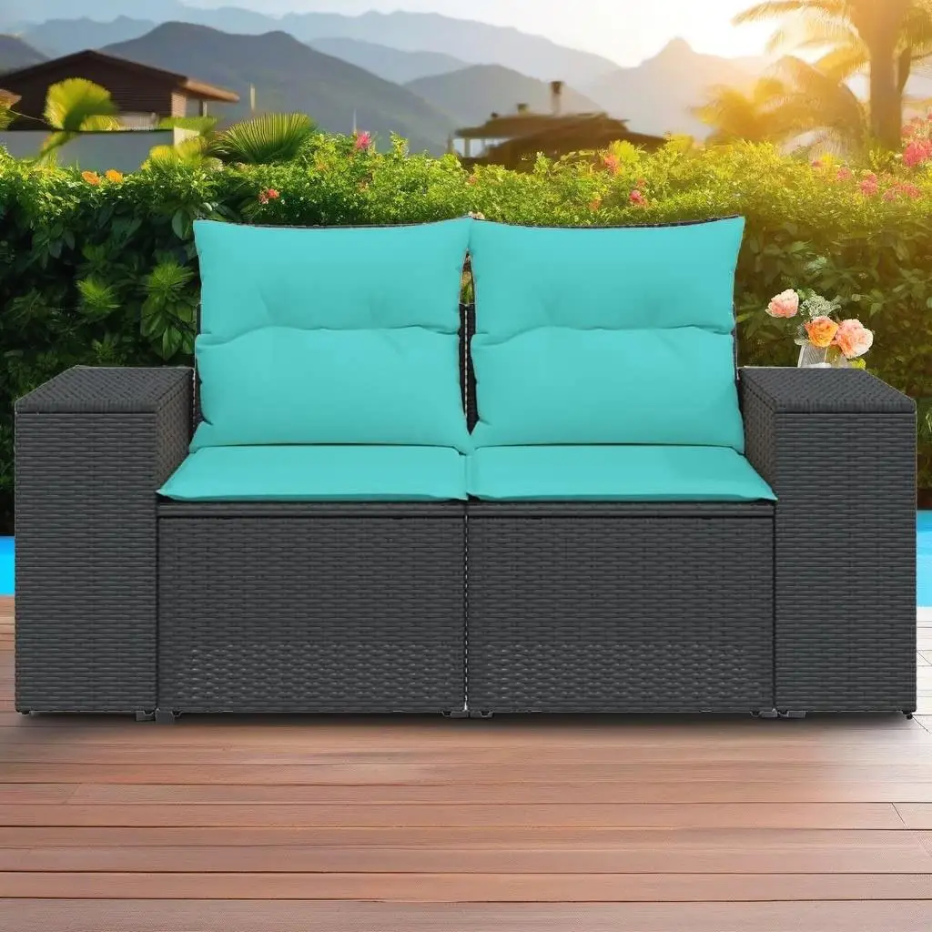 2-Seater Black Poly Rattan Patio Sofa with Cushions - Stylish Outdoor Furniture