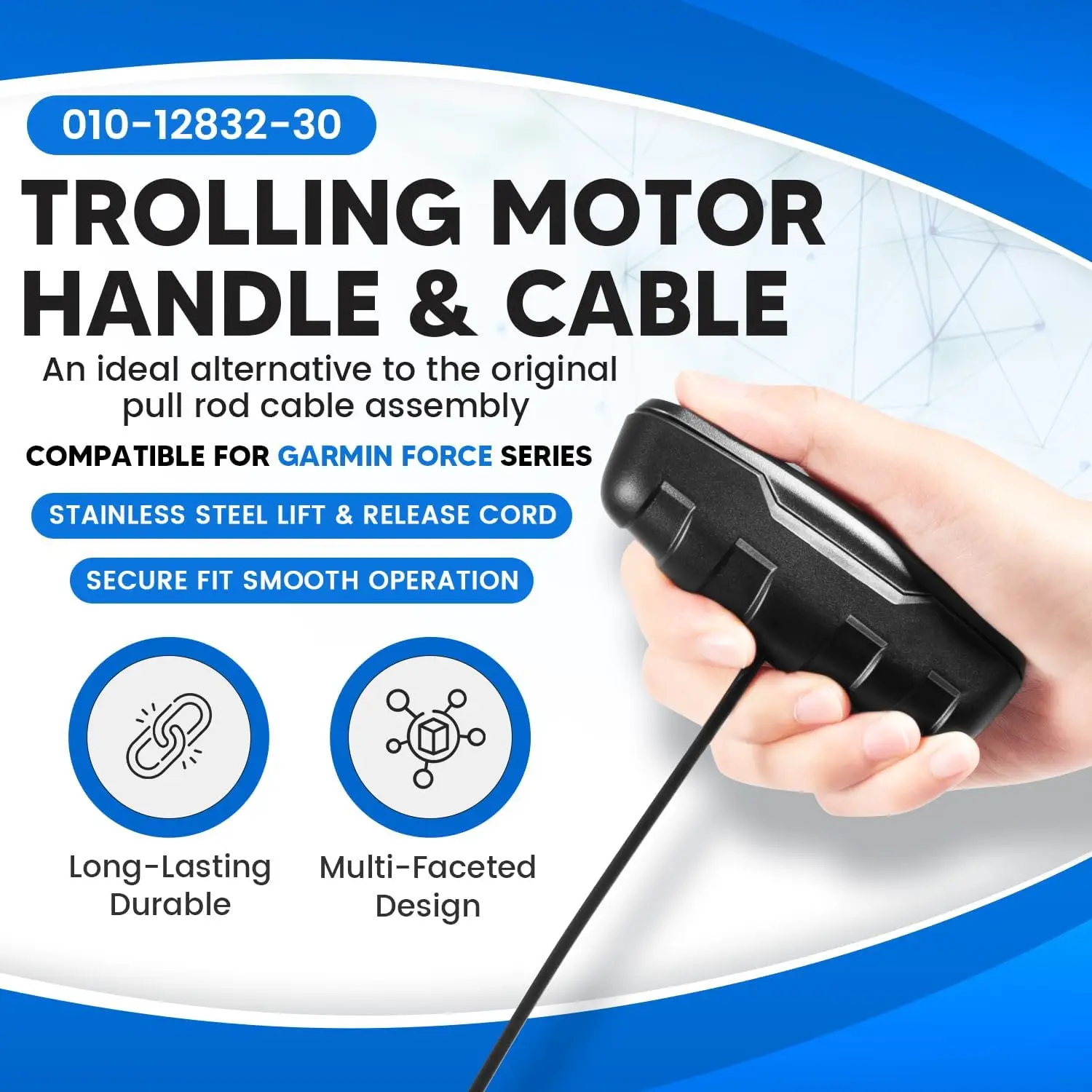 TM 010-12832-30 Heavy-Duty Trolling Motor Handle and Cable Replacement Kit for Garmin, Stainless Steel Lift and Release Cord