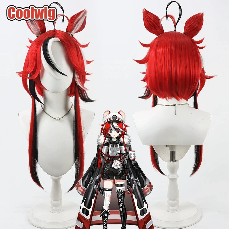 Coolwig Synthetic Hair Hakos Baelz Cosplay Wigs With Ears Virtual YouTuber Hakos Baelz Red Mixed Black White Wig Heat Resistant