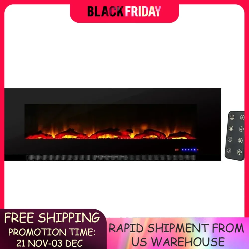 60 Inch Wall Mounted LED 3D Electric Fireplace with Timer and Remote Control -3D Wood and Fire Effect Electric Fireplace