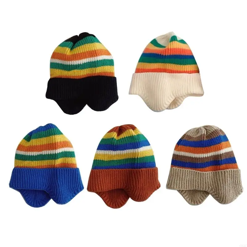 C63C Baby Earflap Hat Contrast Color Knitted Hats Children Winter Autumn Headdress