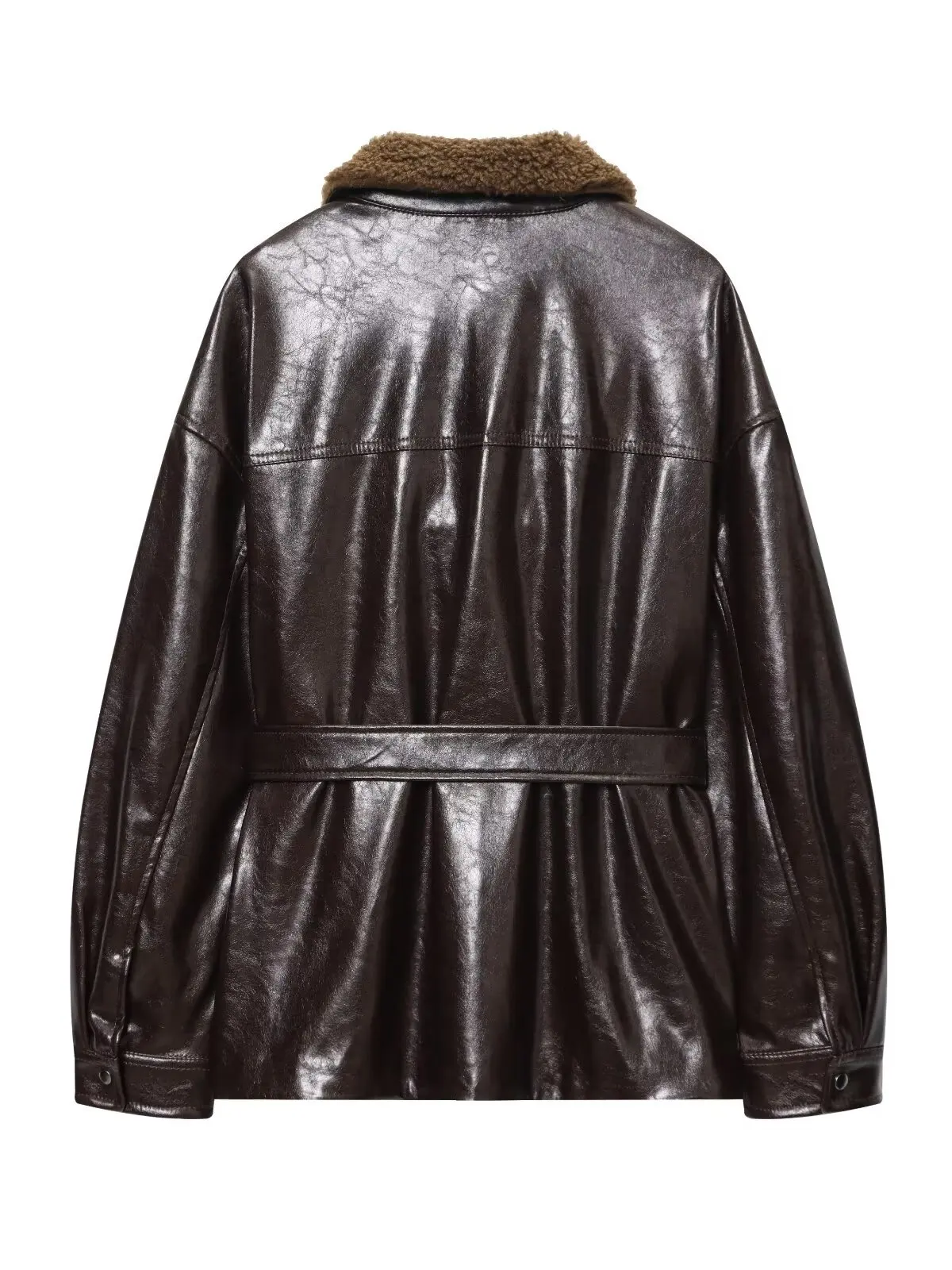 Women's Retro Fur Collar PU Leather Jacket Waist Belt Layered Biker Coat Trendy Long Sleeve Mid-Length Zipper Closure