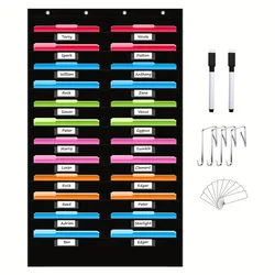 Black File Storage Pocket Chart with Nametag Pockets Hanging Wall File Organizer for Classroom and Office