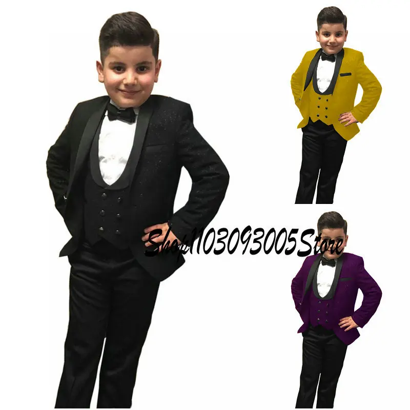 

Black Shiny Boy Formal Suits Dinner Tuxedos Flower Boys Groomsmen Kids For Wedding Party Evening Suit Wear (Jacket+Vest+Pant)