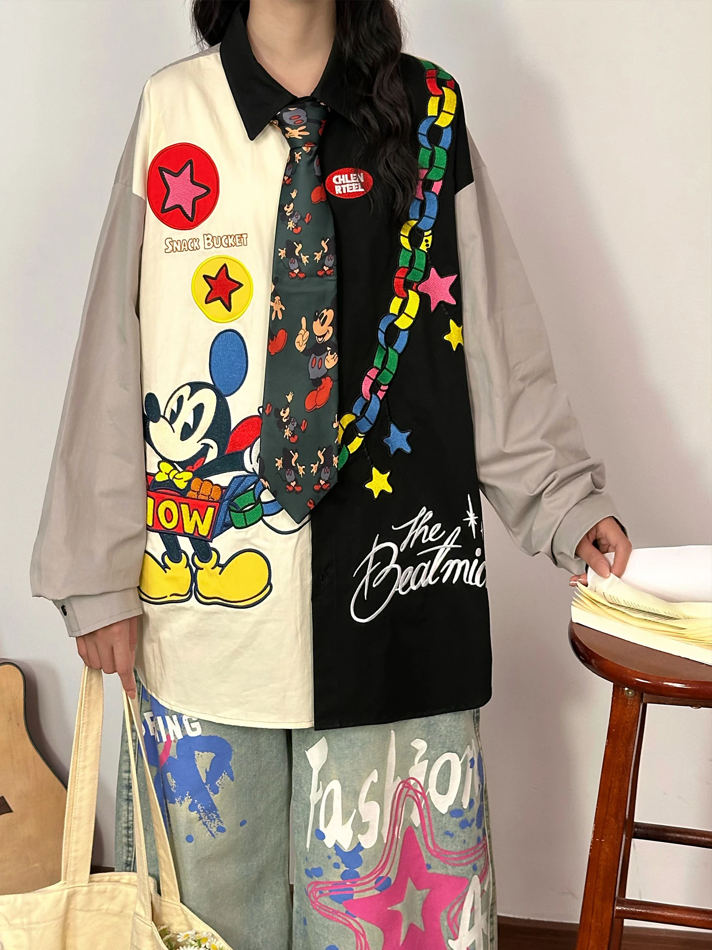 American Retro Long Sleeve Casual Shirt Women Embroidery Color Block Design Loose Casual Trendy Versatile Unisex Couple Shirt