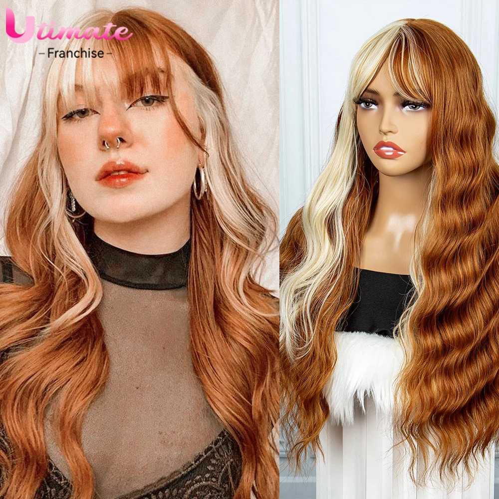 Orange Body Wave Wig with Bangs Gold Mix Brown Synthetic Wigs for Women 613 Highlight Heat Resistant Synthetic Hair Wigs