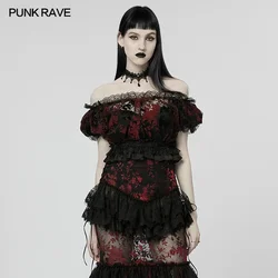 PUNK RAVE Women's Gothic Lace Edges Flocking Mesh T-shirt Sexy & Elegant Slim Tops Women Clothes Spring Summer 2 Colors