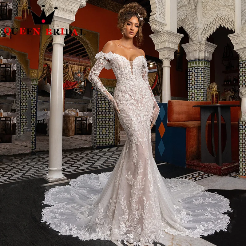 Exquisite Pearls Sequined Lace Wedding Dresses 2024 Mermaid Off Shoulder Long Sleeve Bridal Gowns Robe De Mariée Custom Y33X