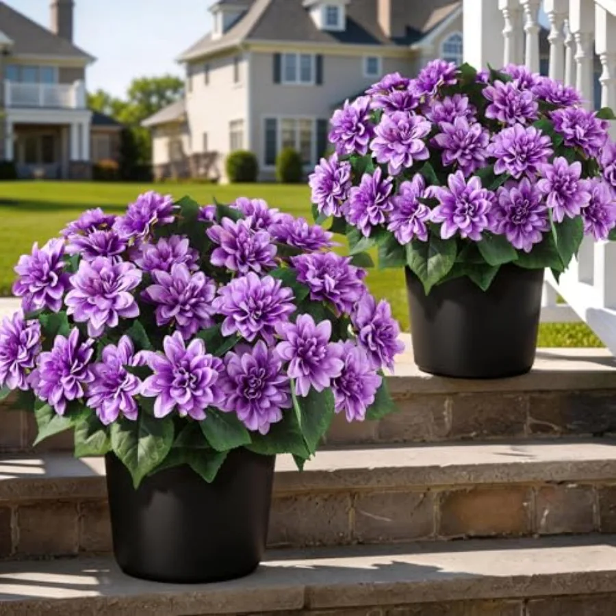 

2 Set of Artificial Dahlia Topiary Ball Trees - Fake Silk Dahlia Flower Bushes UV Resistant Faux Floral Shrub Potted for Front