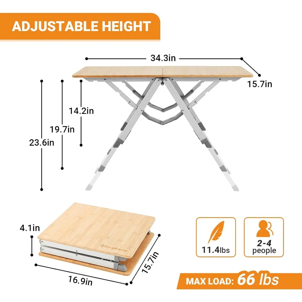 Picnic Table Bamboo, Lightweight and Portable with Adjustable Height Aluminum Legs, Foldable Camping Table