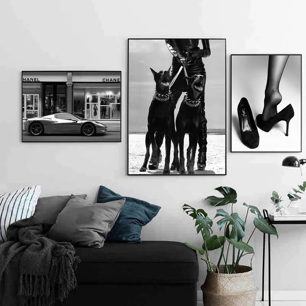 Black White Doberman Pinscher Gun Wall Decoration Poster Modern Highend Home Decor Canvas Painting Art Prints Living Room Murals