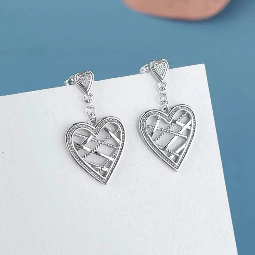 

Real Pure Platinum 950 Stud Women Gift Lucky Hollow Double Heart Dangle Earrings 3.95-4g