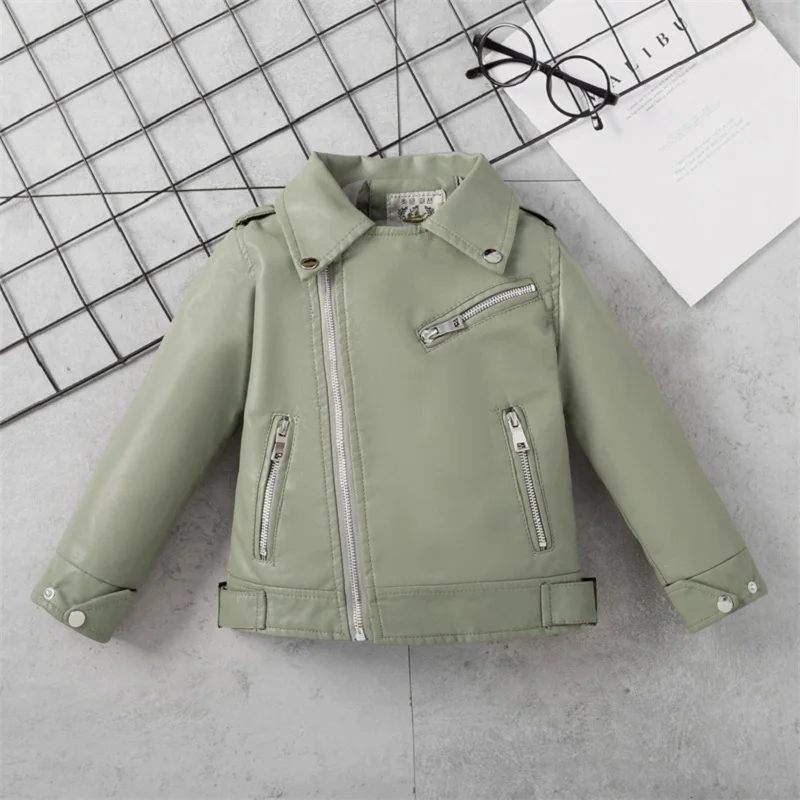 Fashion Baby Girl Boy PU Leather Jacket Spring Autumn Child Leather Coat Chaqueta Outwear Solid Color Baby Clothes 2-10Y