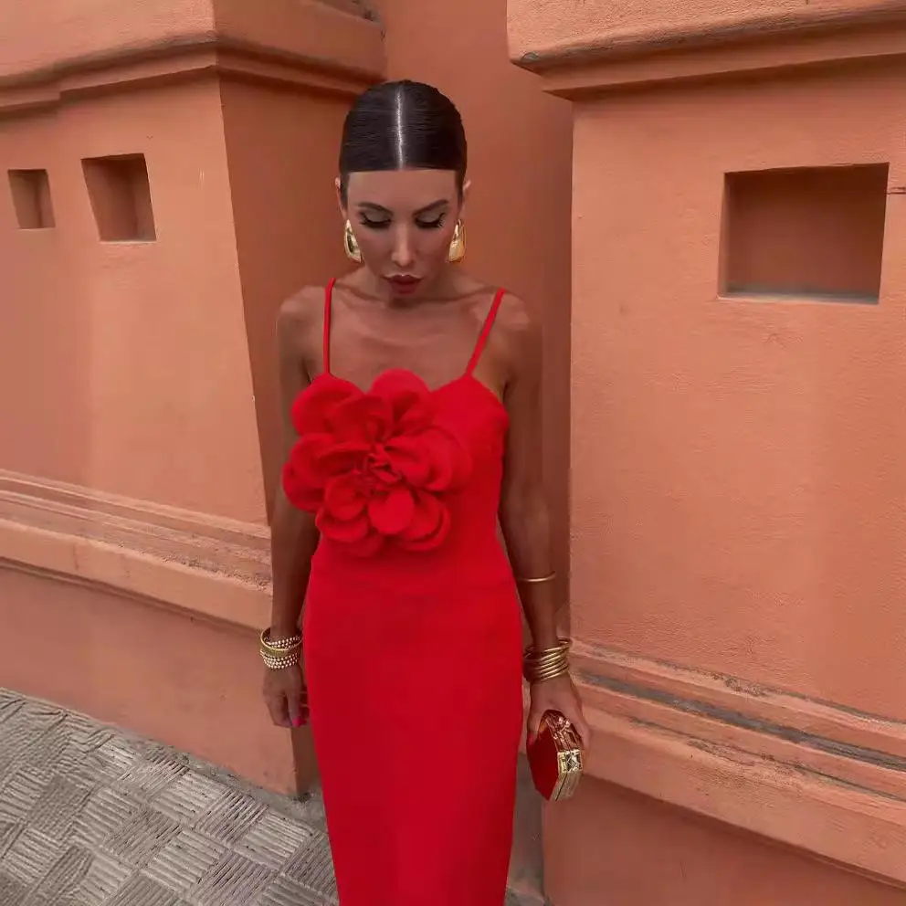 Handmade Ice Silk Pleated Long Evening Gown Women's Dr with Large Flower Design Svel Spring Season Faion