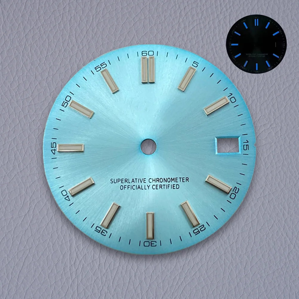 28.5mm S 로고 햇살 다이얼 NH35/NH36/4R 일본 무브먼트 블루 빛나는 고품질 다이얼 시계 수정 액세서리