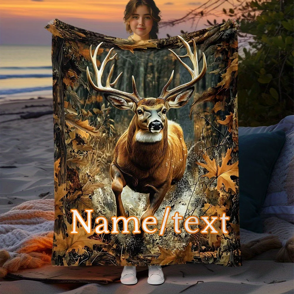 Custom Deer Hunting Blanket Realistic Buck Design Personalized Name Fleece Throw All Season Soft Warm Bedding Gift for Men
