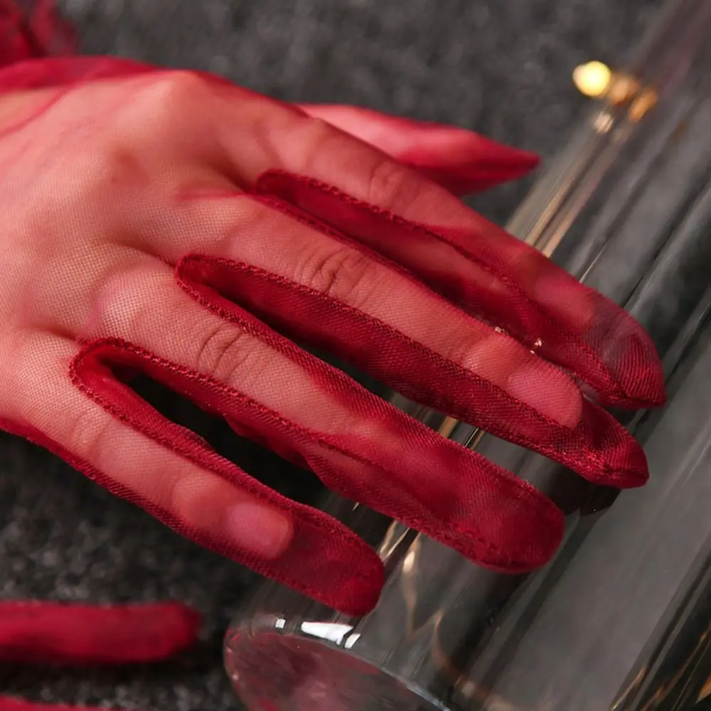 مرونة شفافة المرأة تول قفازات قصيرة رقيقة جدا الشاش قفازات برباط كامل فنجر الزفاف الزفاف قفازات شبكية السيدات