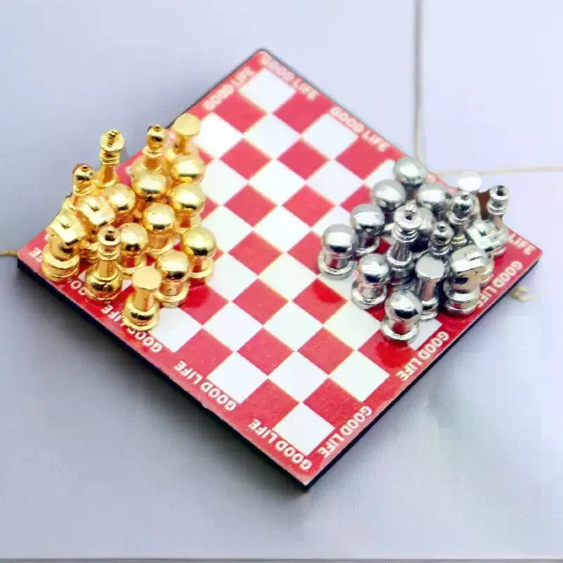 Miniature Red Table Chess Set, Magnetic Board Game for 1:12 Dollhouse Scene Display