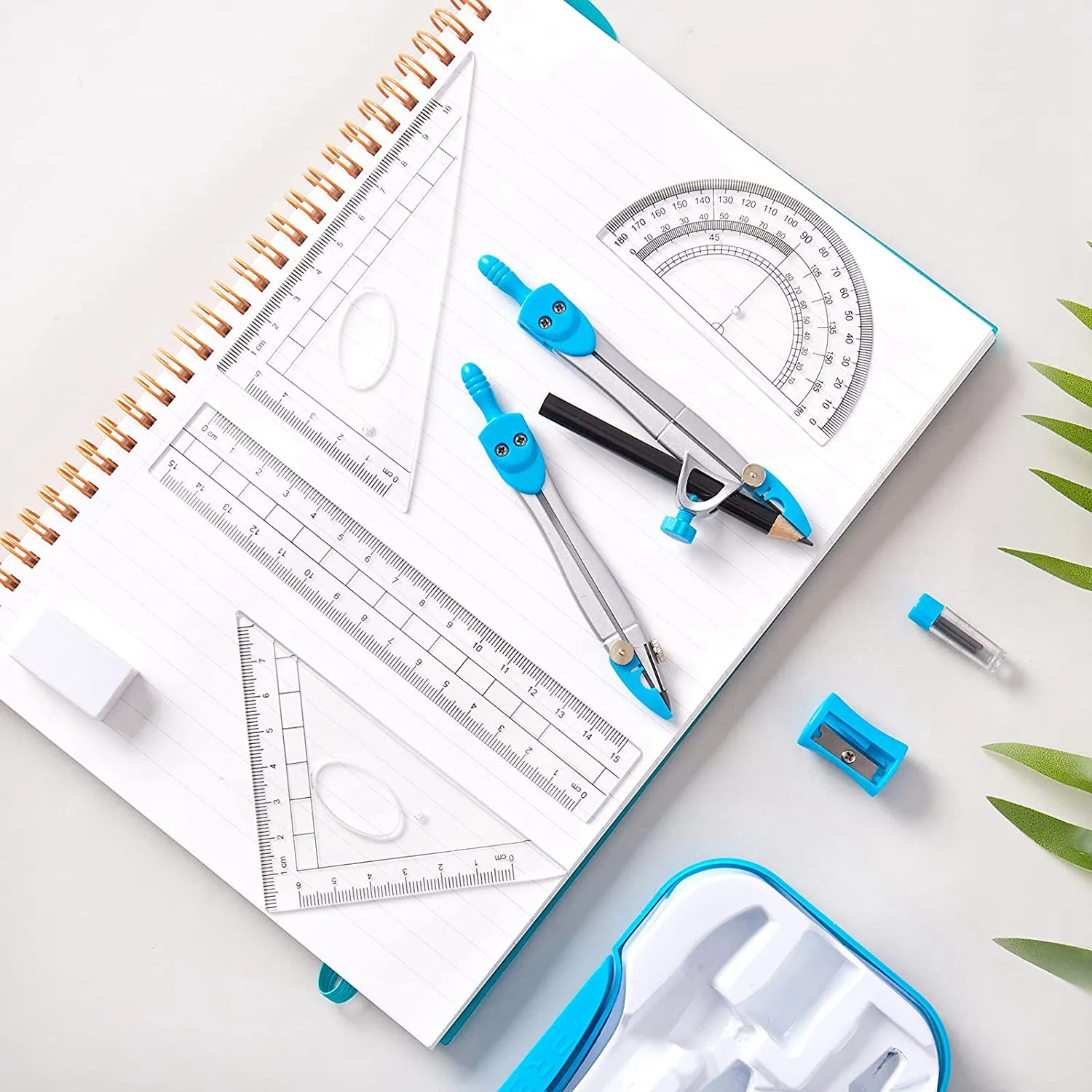 مجموعة مستلزمات الرياضيات مكونة من 10 قطع من DN-Geometry، بما في ذلك البوصلة، المنقلة، المسطرة، الممحاة، قلم الرصاص إلخ، للرسم والقياس