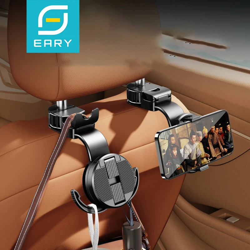 

Eary 2 in 1 Car Headrest Back Seat Hook with Cell Phone Holder Car Hooks Universal for Purses Bags 360°Rotate Adjustable Hanger