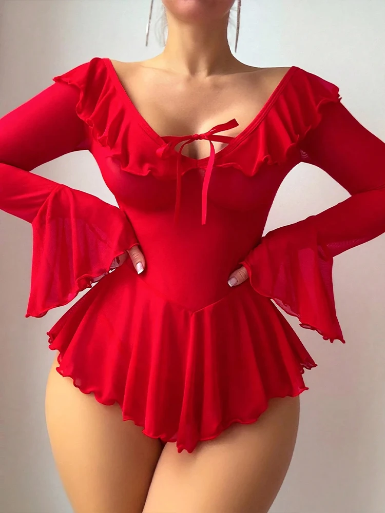 

Sexy Hot Lingerie Women Flare Sleeve Bodysuit Ruffled Sleepwear Erotic Babydoll Underwear Exotic Apparel See Through Dress