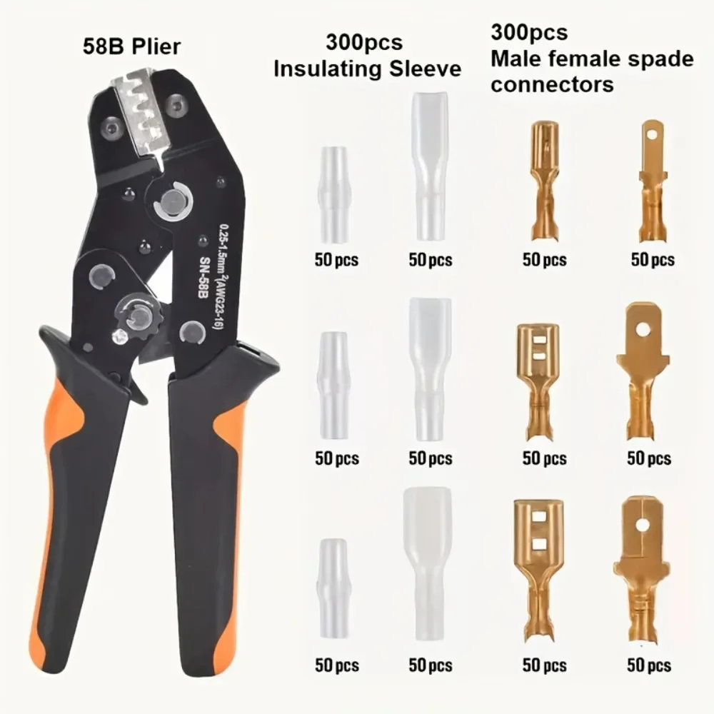 600-teiliges Ratschen-Crimpwerkzeug-Set SN-58B, geeignet für AWG 23-16/0,25-1,5mm² Kabelschuhe, 300 Isolierhülsen + 300 Spulen