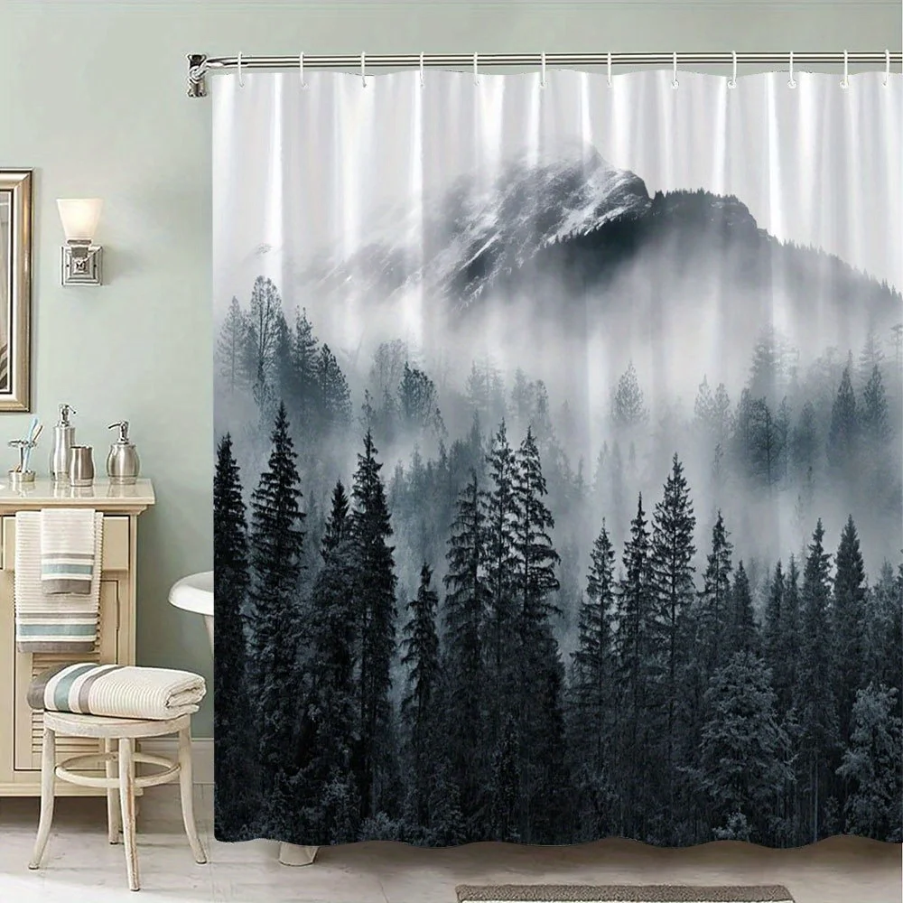 Dramatic Forest Mist Shower Curtain Waterproof Bathroom Decor Nature Print Woodsy Pine Trees 180x180cm Size
