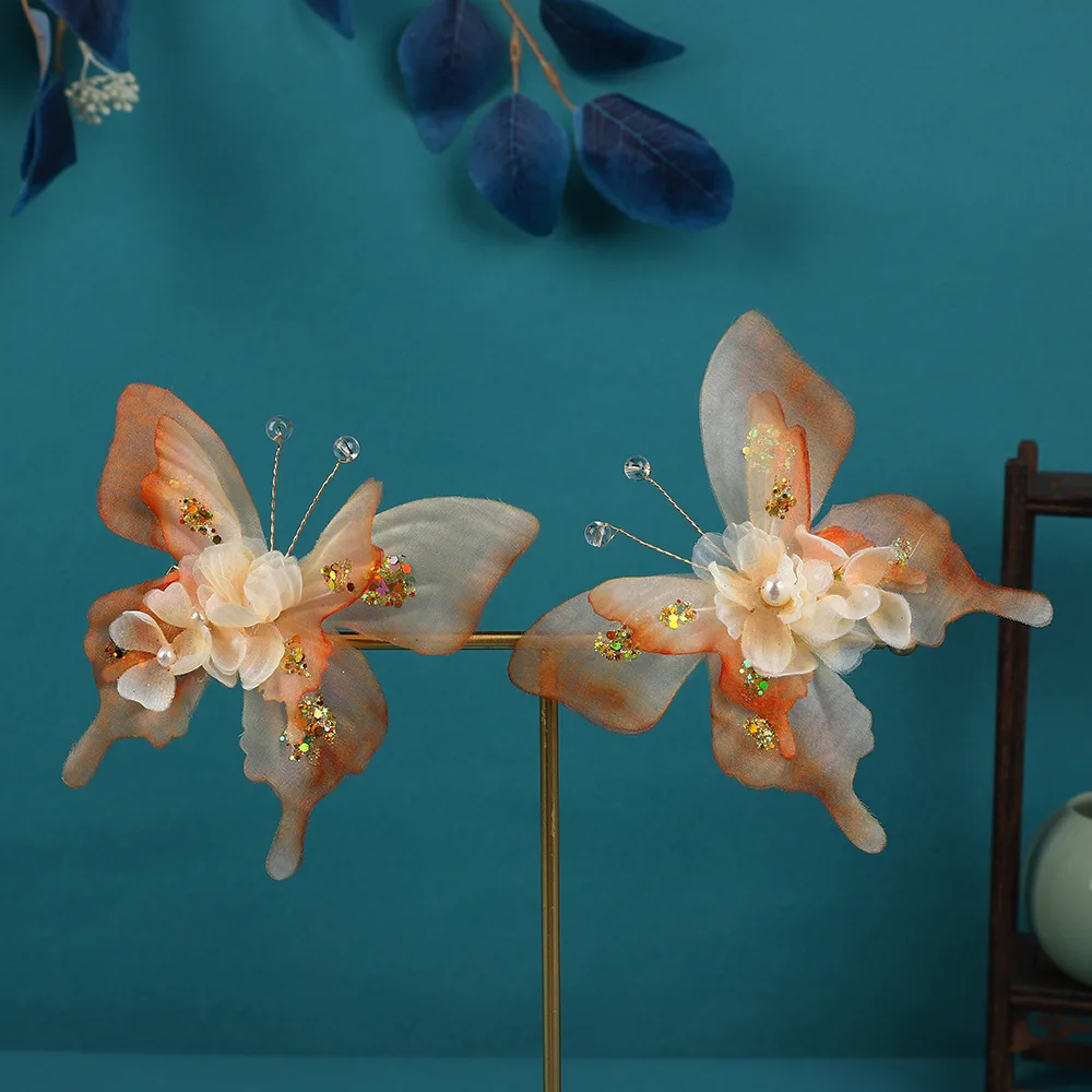 

Antique Hair Accessories Original Design Handmade Orange Gradual Change Hot Flower Butterfly Bronzing Hairpin Hanfu Headdress