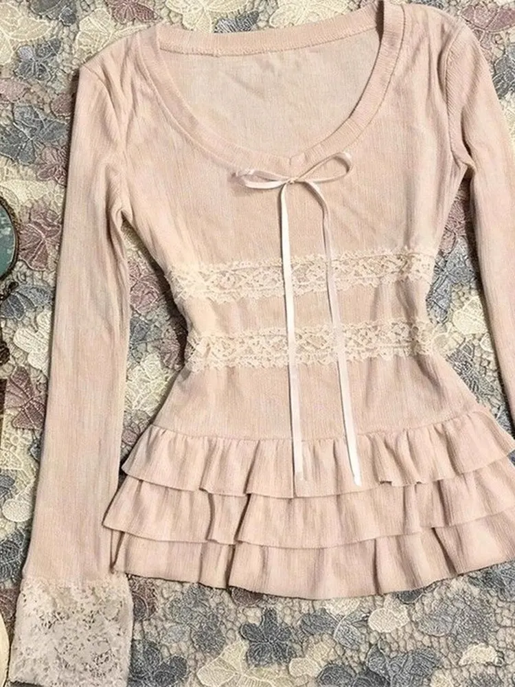 Pure Desire Lace Splice Long Sve T-irt Women's Autumn Sweet Waist Cinching Slimming Base Layer irt Top