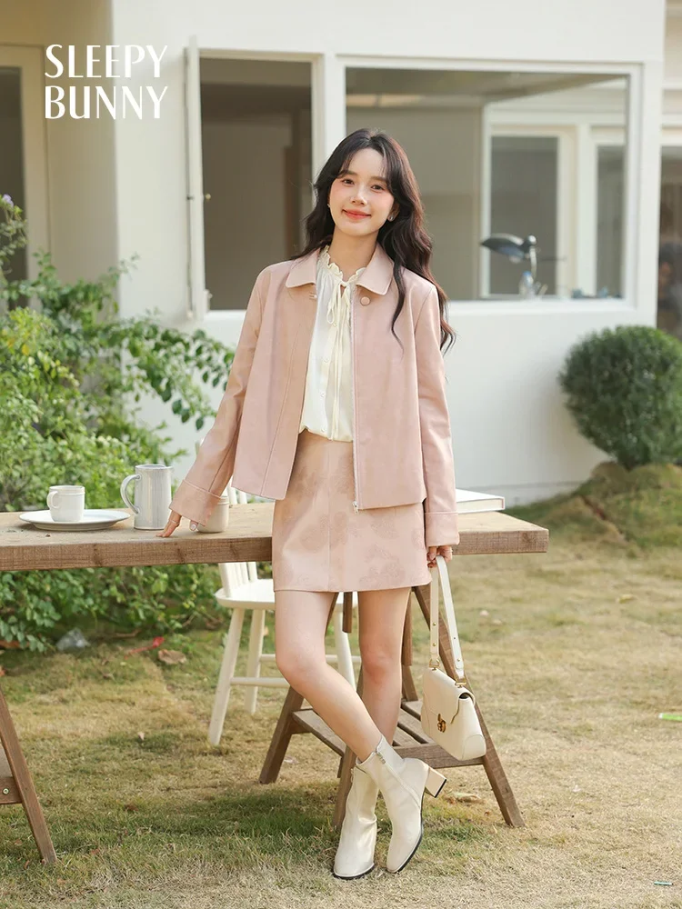 Women Faux Leather Jacket and High-Waist A-Line Skirt Set Slim Fit Turn Down Collar Outfit Chic Spring Two-Piece Matching Set
