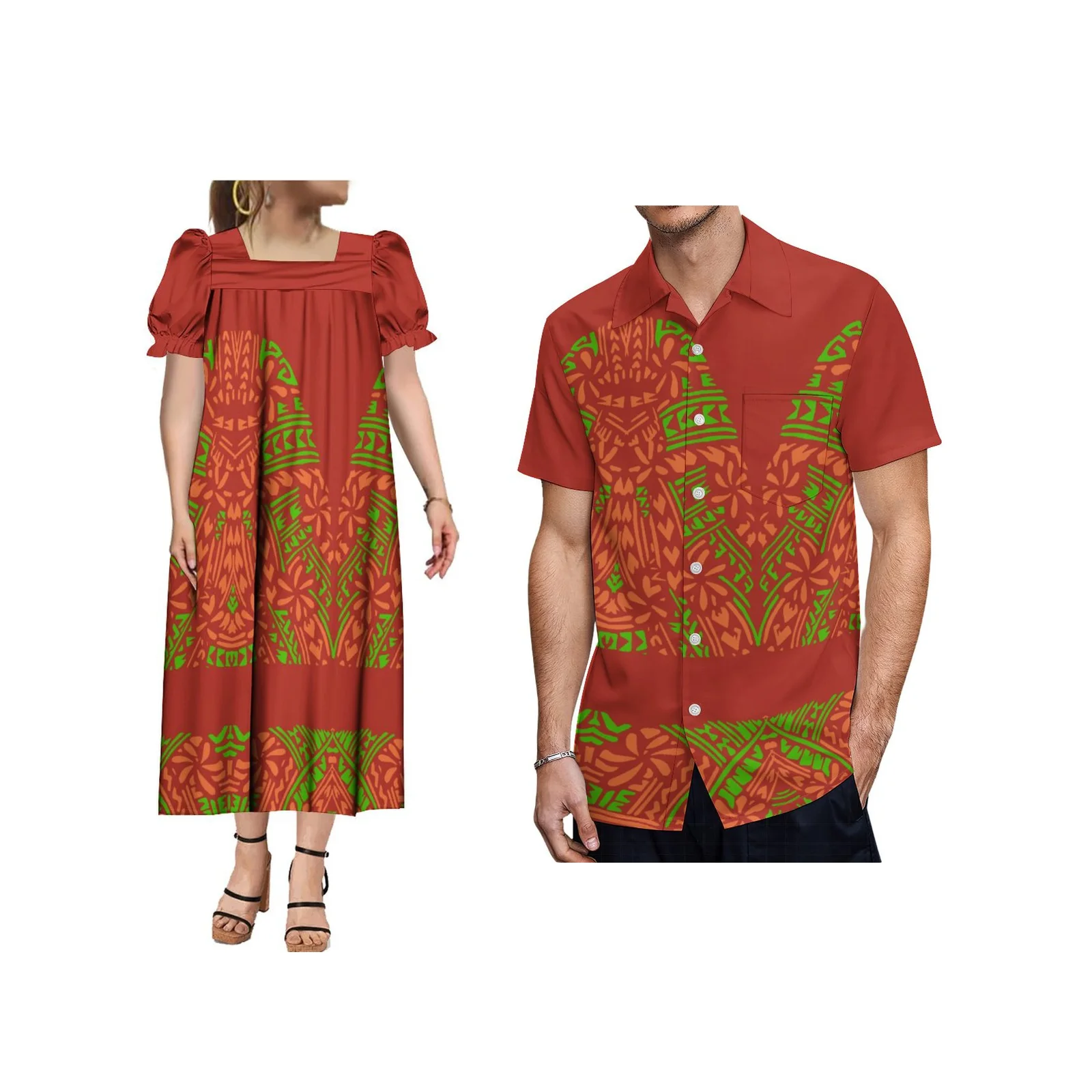 

Polynesian Summer Couple Clothing MUMU Samoa Full Print Men Shirt Customized Polynesian Women Dress Print Style