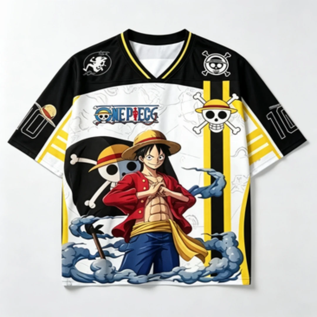 One Piece Luffy Printed Black and Yellow V-neck Breathable Mesh Straw Hat Skull Logo Number 10 Pattern Sports and Leisure Jersey