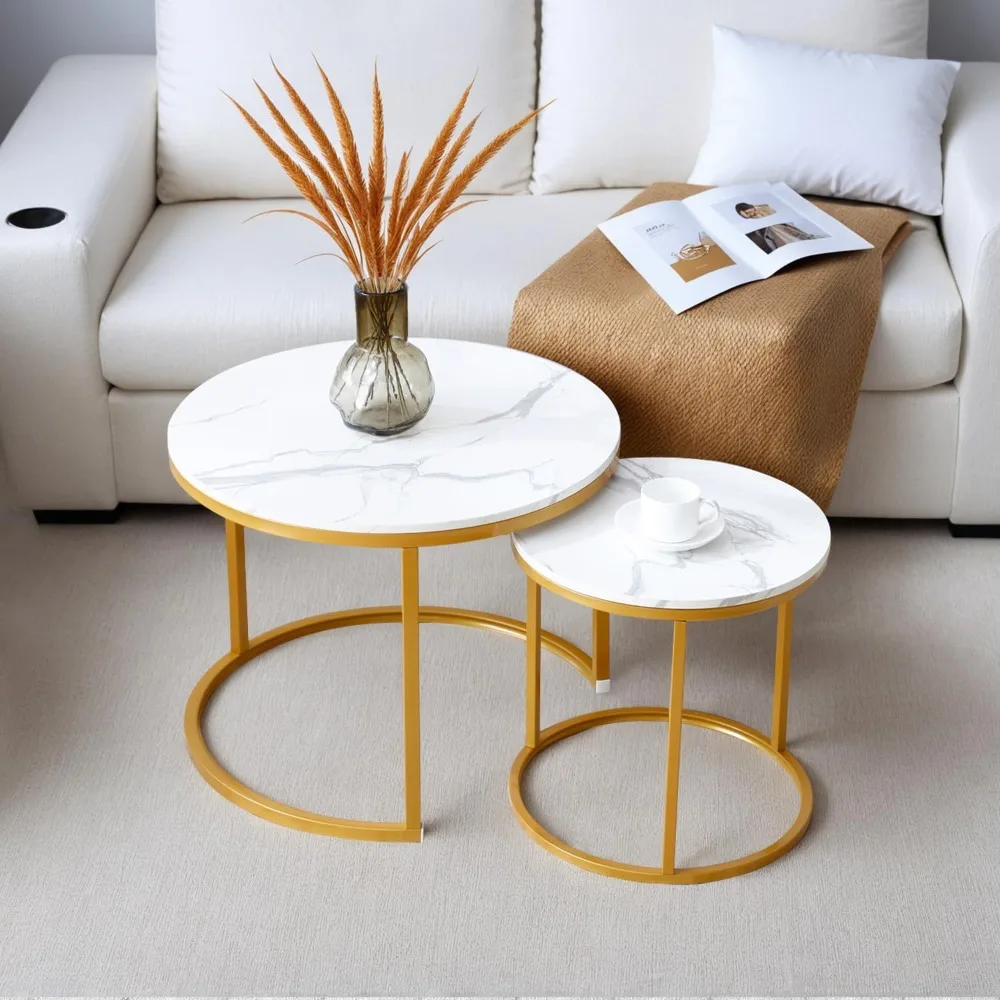 

Nesting Coffee Table Set of 2, Round Coffee Tables for Living Room with Marble Tabletop, Metal Frame and Non-Slip