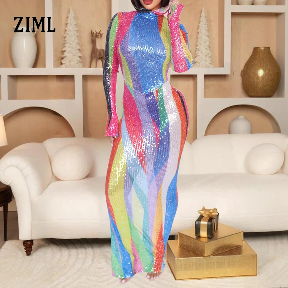 

ZIML Hit Color Slimming Design Sense Chic Dress For Women Hooded Long Sleeve High Waist Sheer Club Dress Female Fashion Style