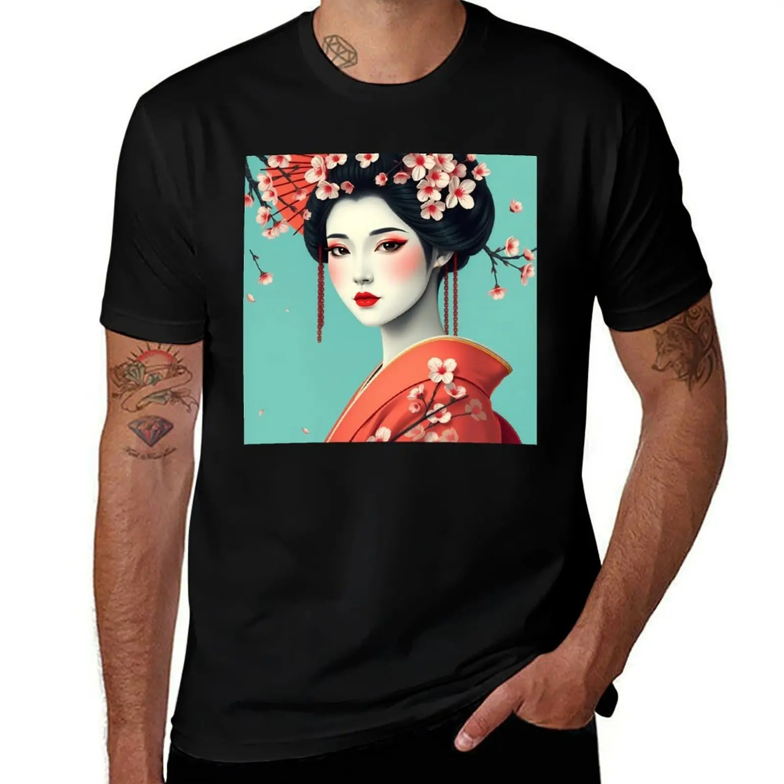 

Radiant Geisha with Multicolored Background Bold Japanese Art & Gifts T-Shirt Clothing vintage graphic tee mens cotton t shirts