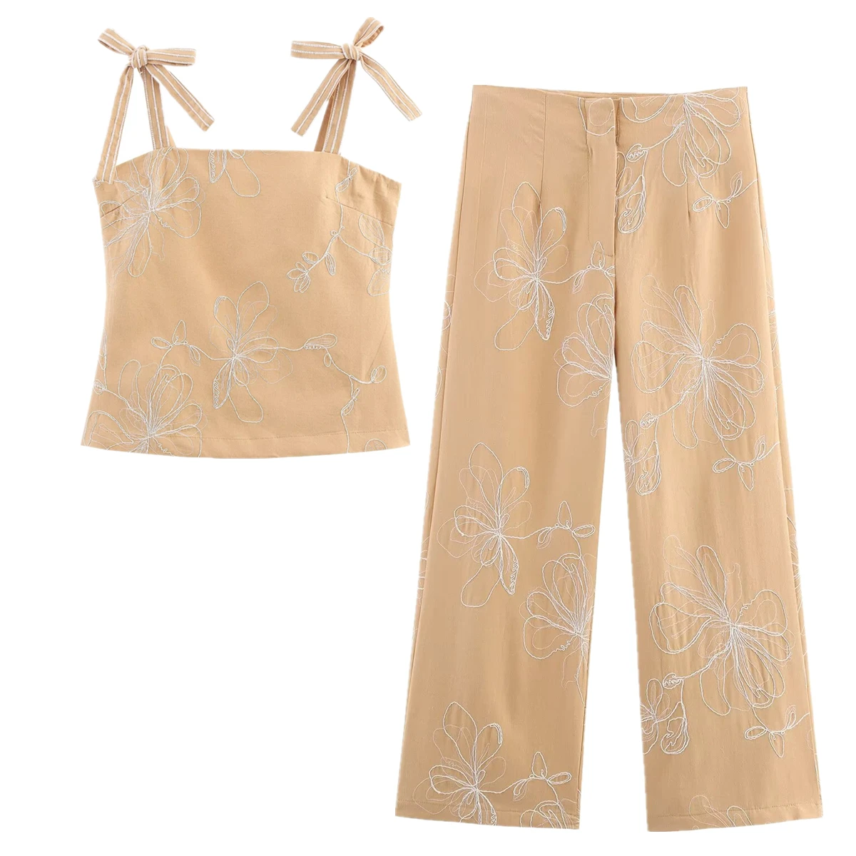

Withered French Country Casual Vintage Embroidered Shirt Wide Leg Pants Suits Summer Holiday Cotton Two-Piece Set Women