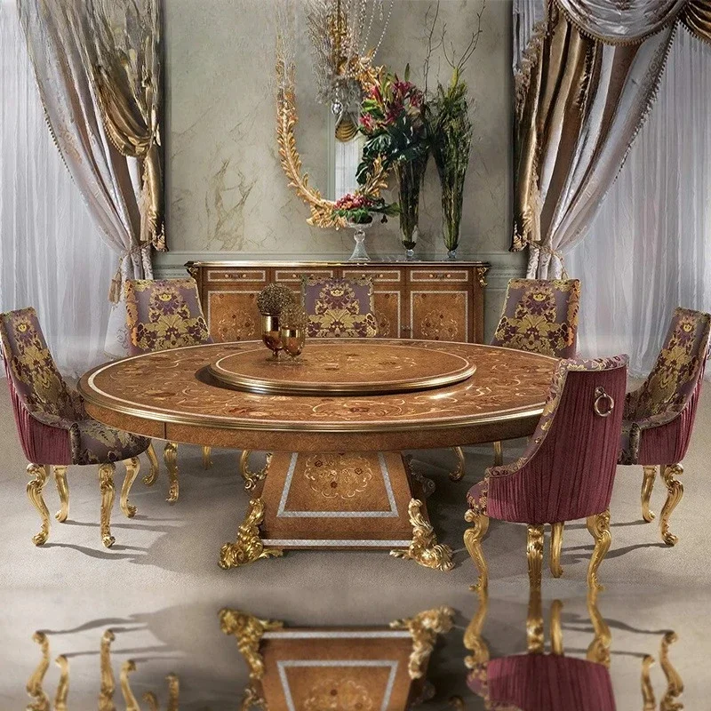 

Luxury French retro solid wood luxury round dining table European shell inlaid high-end meal