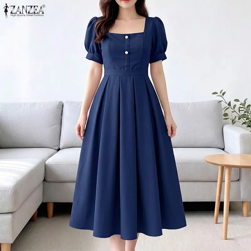 ZANZEA Elegantes Damen-Party-Midikleid mit umgekehrten Falten, quadratischer Ausschnitt, Puffärmel, A-Linien-Kleider, Sommerkleid, Dete Night Vestidos – Detail 8