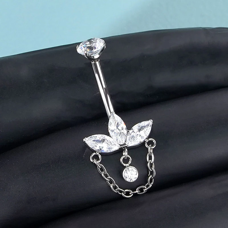 

1PC Titanium Belly Button Ring Dainty Floral Marquise Gem Dangle Chain Navel Piercing Ring Navel Nail Body Piercing Jewelry