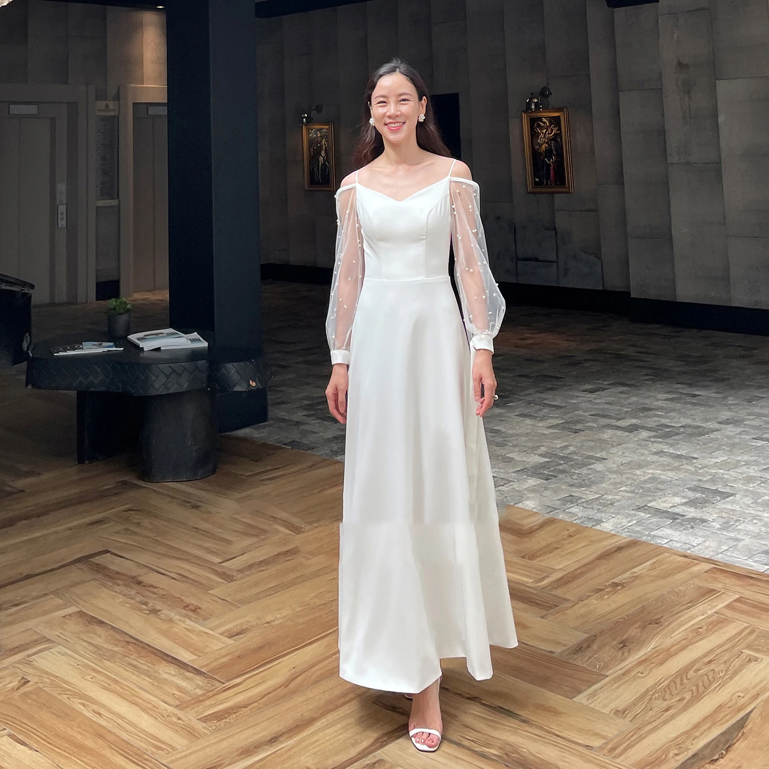 

OEING V-Neck Korea Luxury Formal Wedding Dresses Simple Ivory Long Sleeves 프롬드레스 Ankle Length Elegant Bride Gowns Party Women