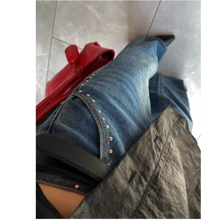 Sweet And Cool Style Loose Leg Jeans Women's High Waist Cotton Denim Blue Side Buttoned Casual Four Seasons Universal
