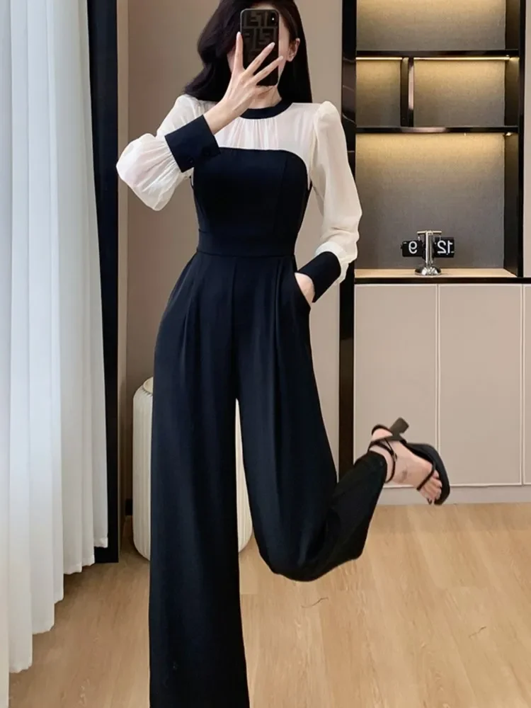 

Casual Wide Leg Jumpsuit Women 2024 Spring Summer New Long Sleeve Patchwork High Waist Office Lady Overalls Female Slim Clothing