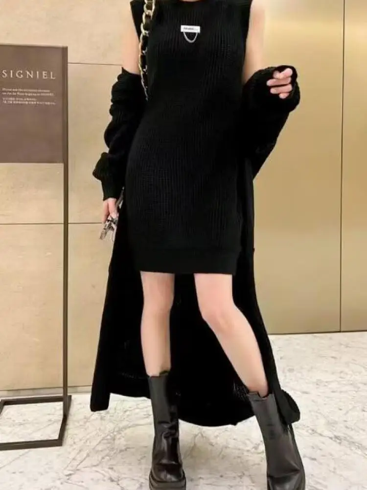 

Осень-зима модный комплект из двух предметов женский черный вязаный жилет без рукавов короткое платье + серый кардиган с длинными рукавами свитер пальто костюмы