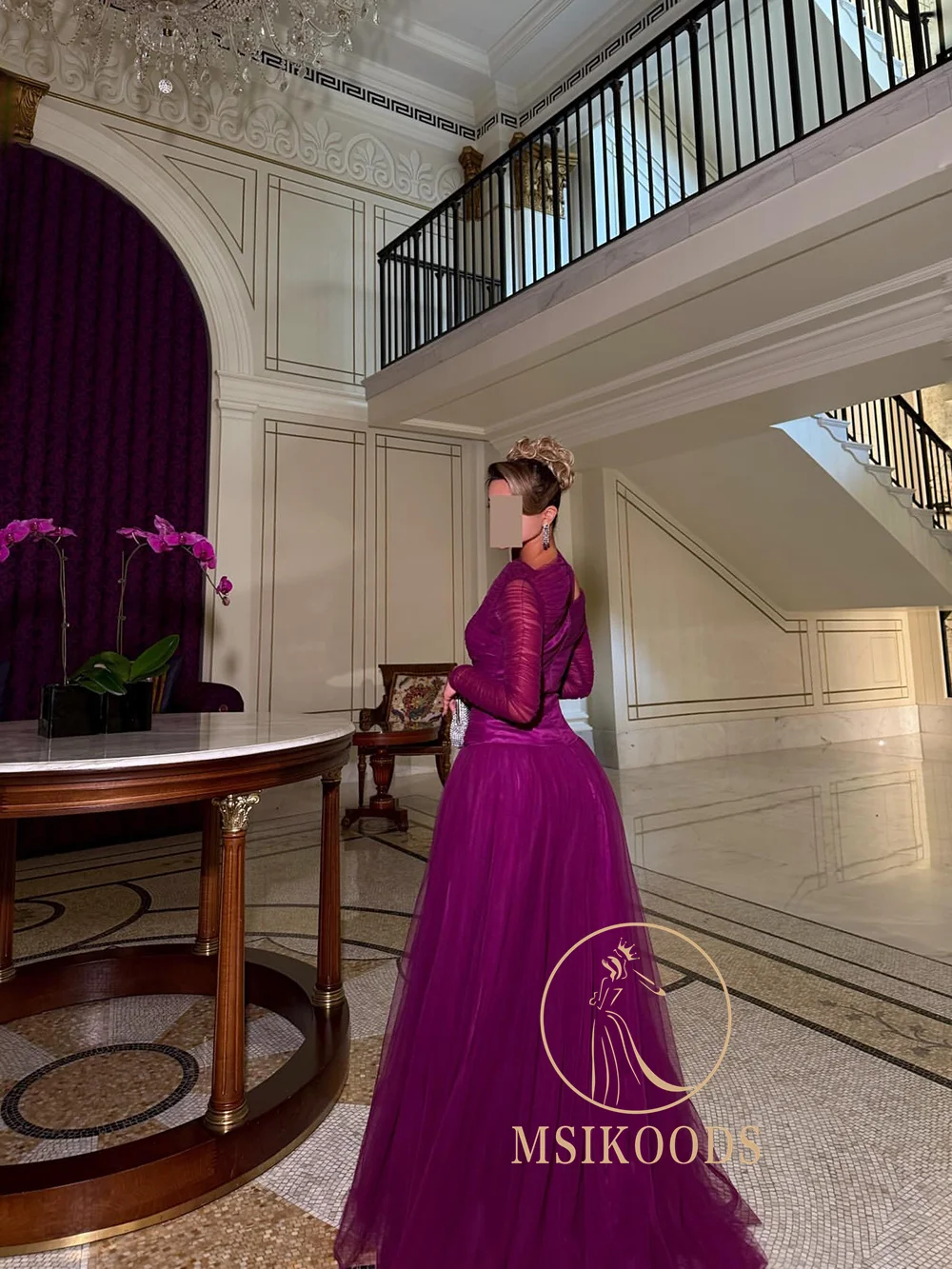 Msikoods Luxury Purple Tulle Prom Dresses 2025 Long Sleeve Party Dress Ruched Formal Dress Floor Length Evening Dress Customized