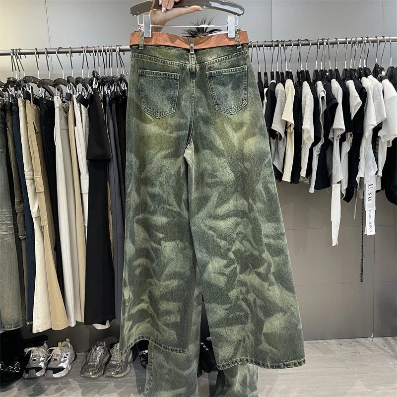 REDDACHiC Tie Dye Green Women Baggy Jeans Vintage Wash High Waist Loose Fit Causal Wide Leg Denim Pants Y2k Harajuku Streetwear