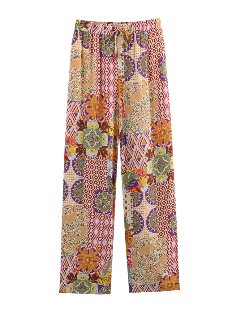 

OUROPEAN ZTATION 2025 Summer New Lady Commuting Lace Long Pants Wide Leg Pants Vintage Woman High Waist Ruffles Pockets Bottoms